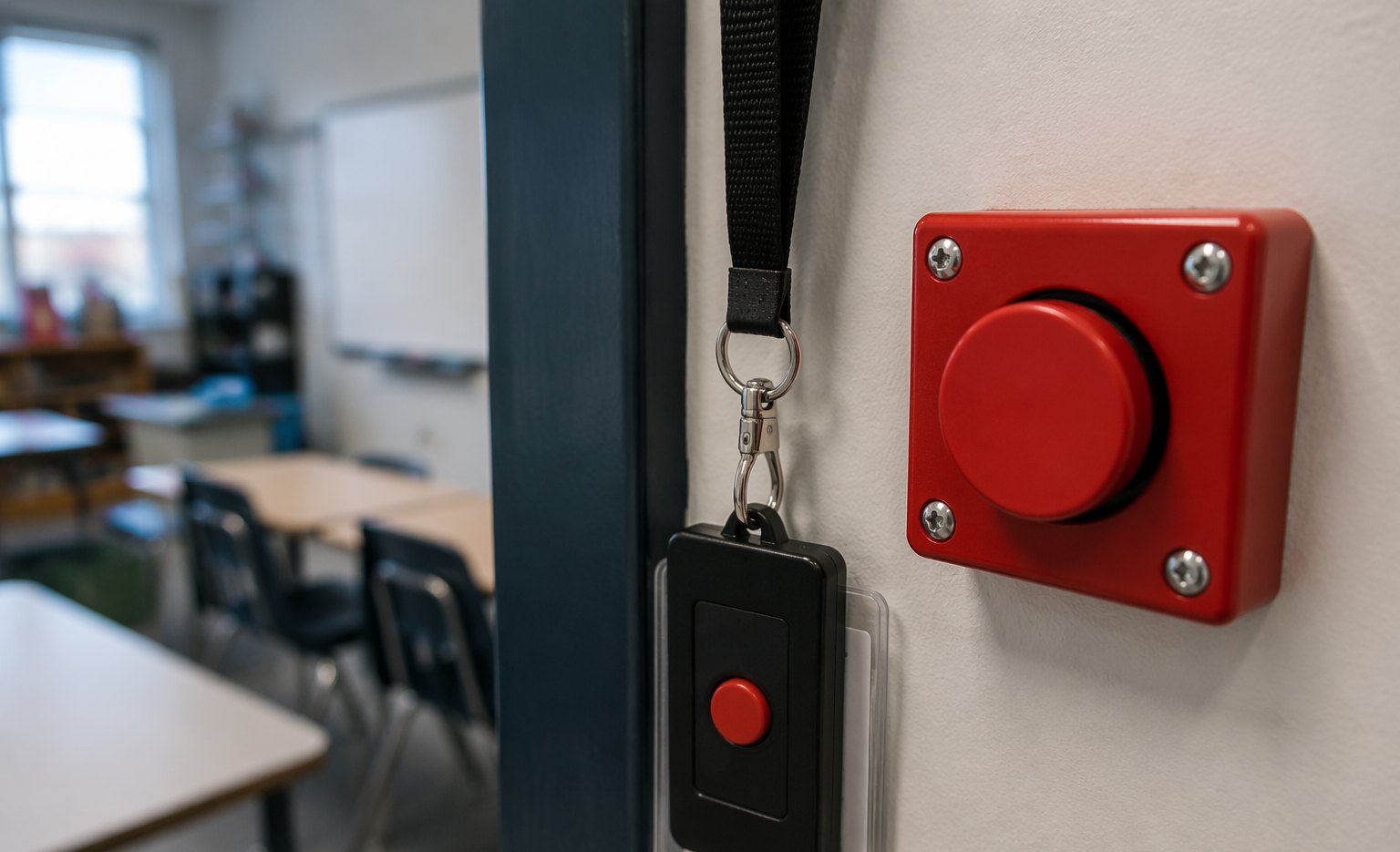Fixed wall-mounted panic button beside a wearable badge panic button