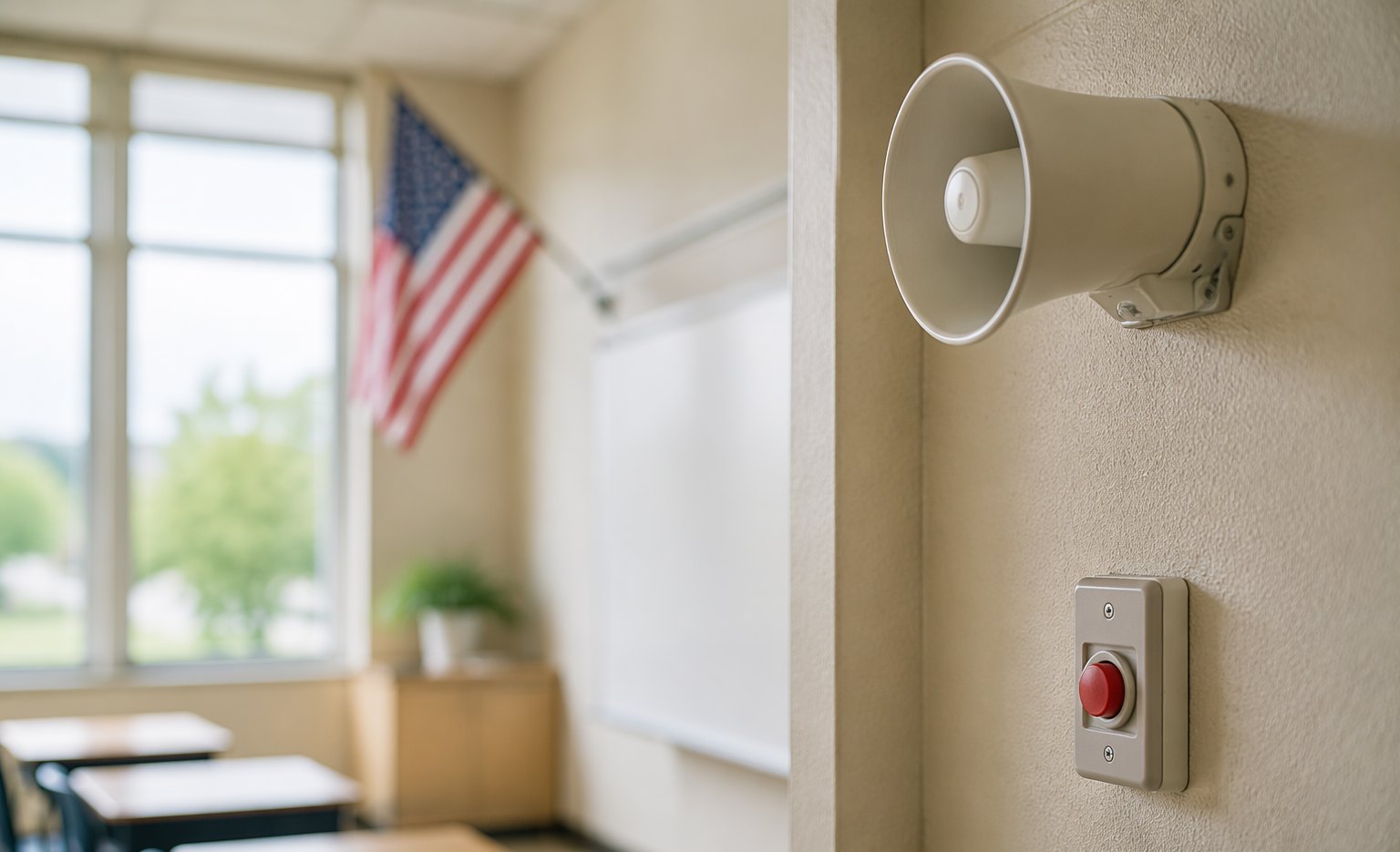 Texas classroom panic button beneath a PA speaker