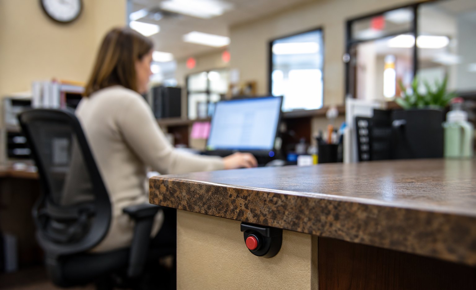 Panic button mounted at a Georgia school front office desk