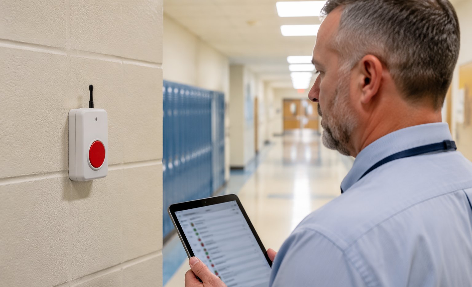 Wireless panic alert device in an Oregon school hallway
