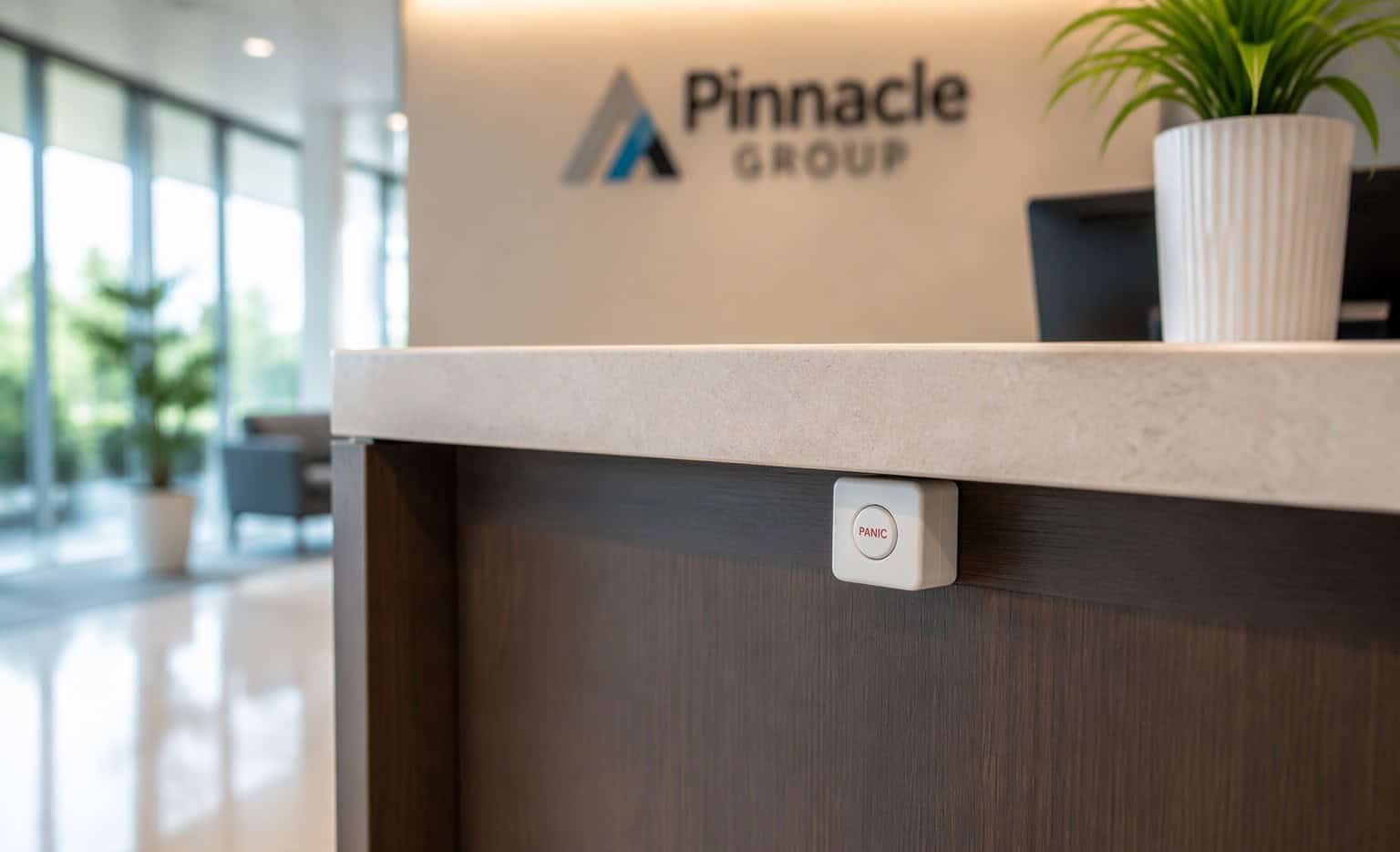 Panic button switch mounted under an office reception desk for workplace violence prevention
