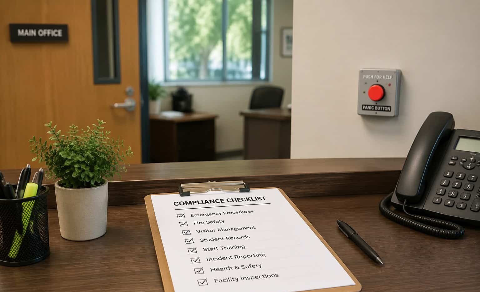 Alyssa's Law compliance checklist on a school office desk with panic button on the wall